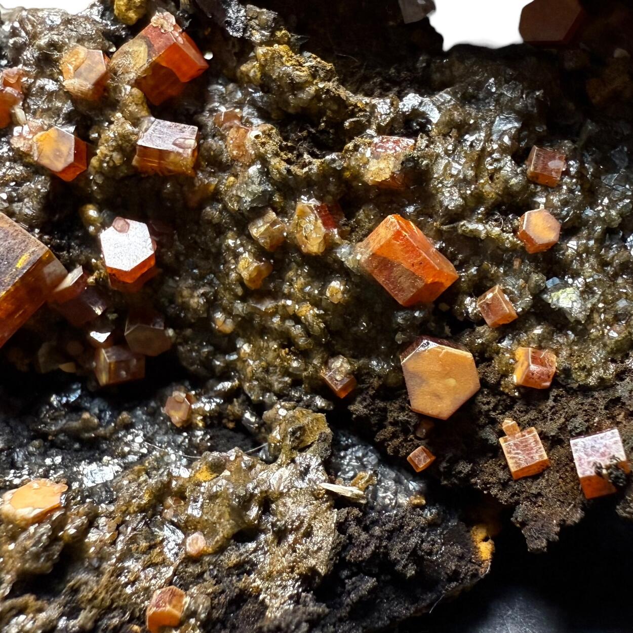 Vanadinite & Gypsum On Cryptomelane