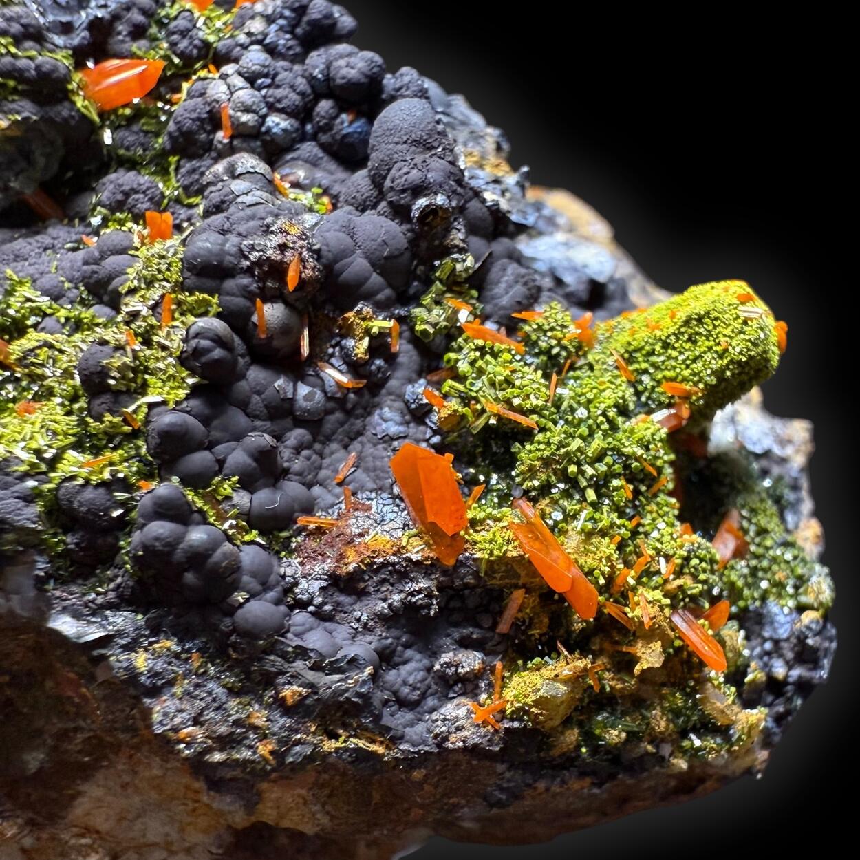 Crocoite & Pyromorphite On Cryptomelane