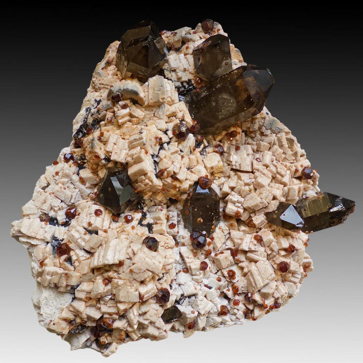 Smoky Quartz With Spessartine On Feldspar