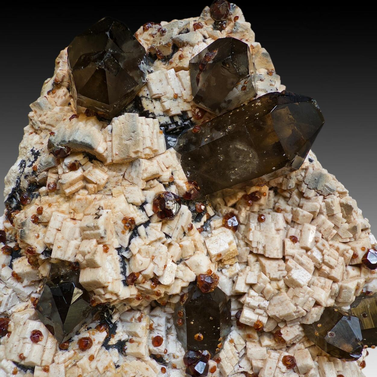 Smoky Quartz With Spessartine On Feldspar