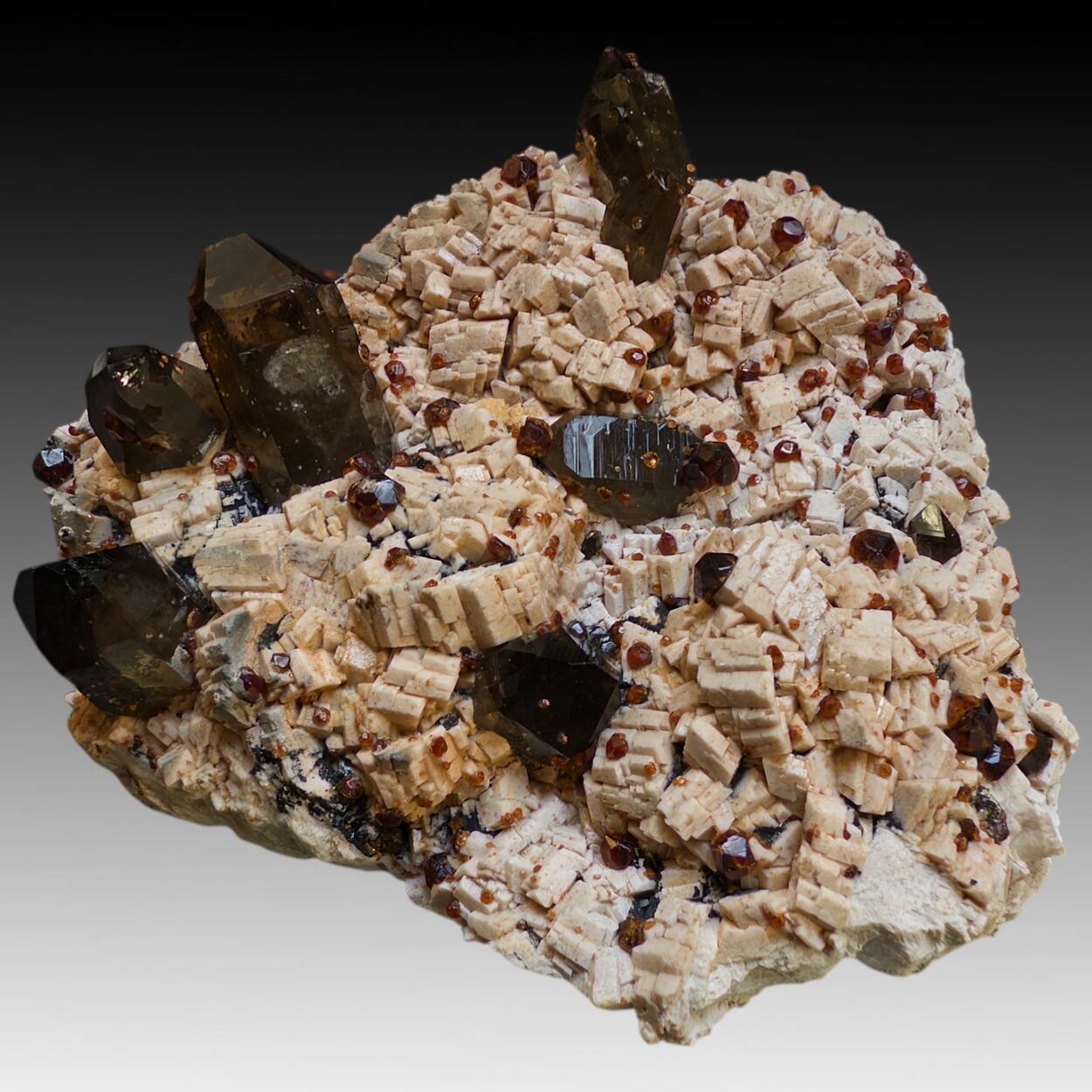 Smoky Quartz With Spessartine On Feldspar