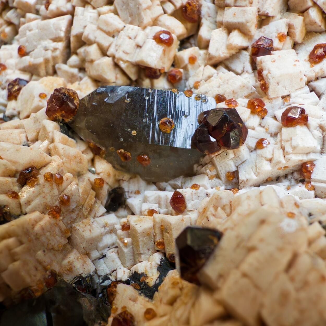 Smoky Quartz With Spessartine On Feldspar