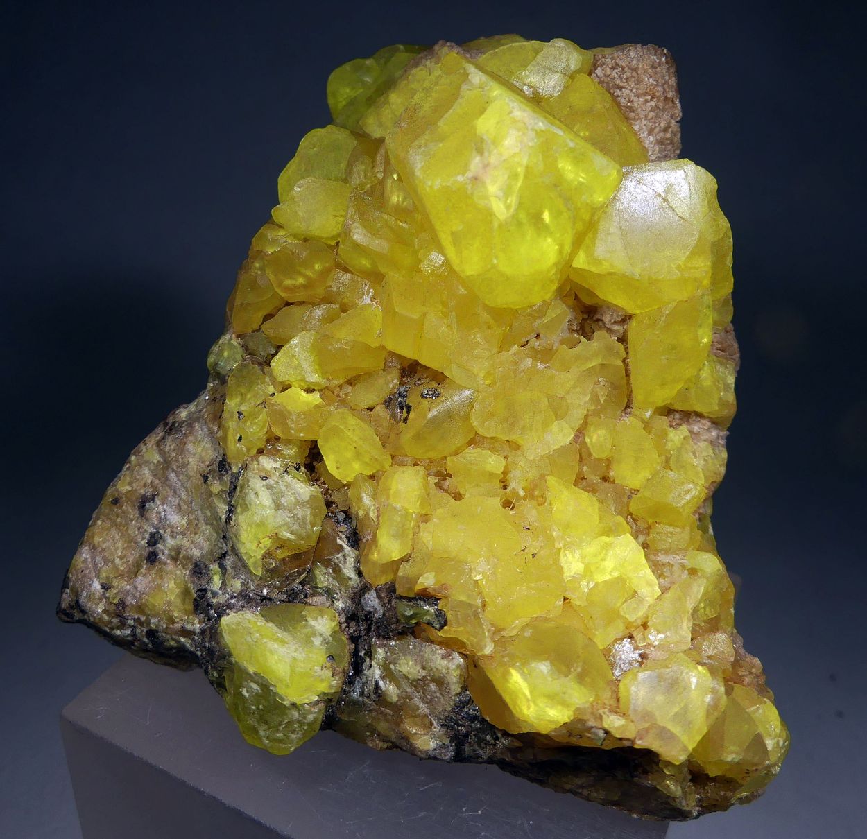 Native Sulphur With Calcite & Bitumen