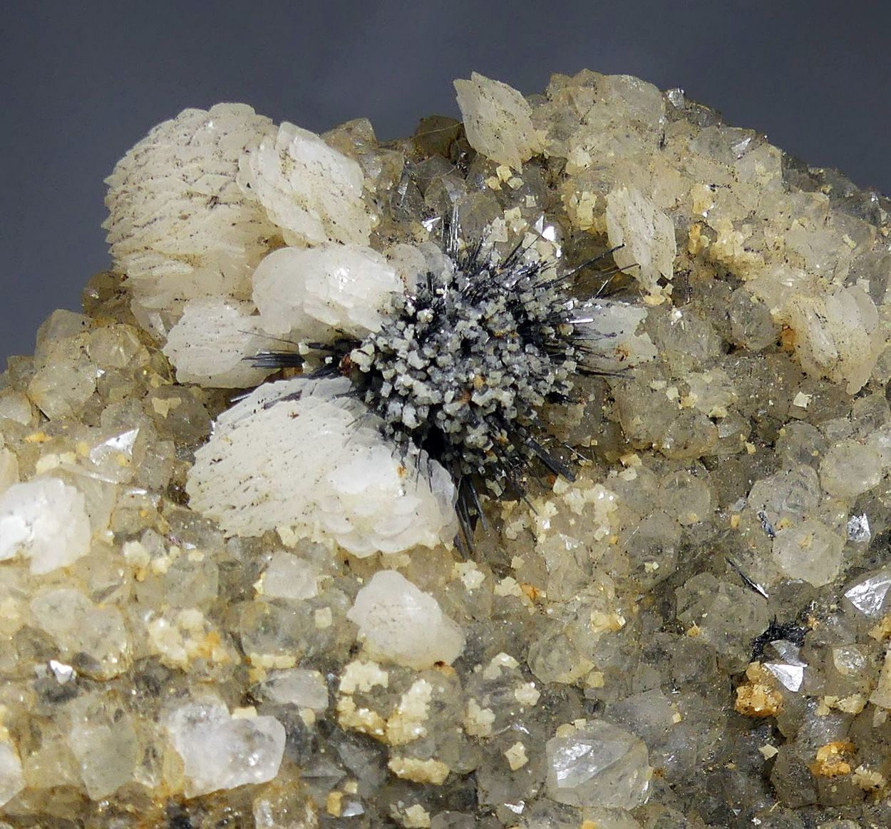 Stibnite With Dolomite & Calcite On Quartz