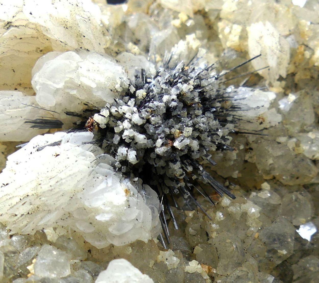 Stibnite With Dolomite & Calcite On Quartz