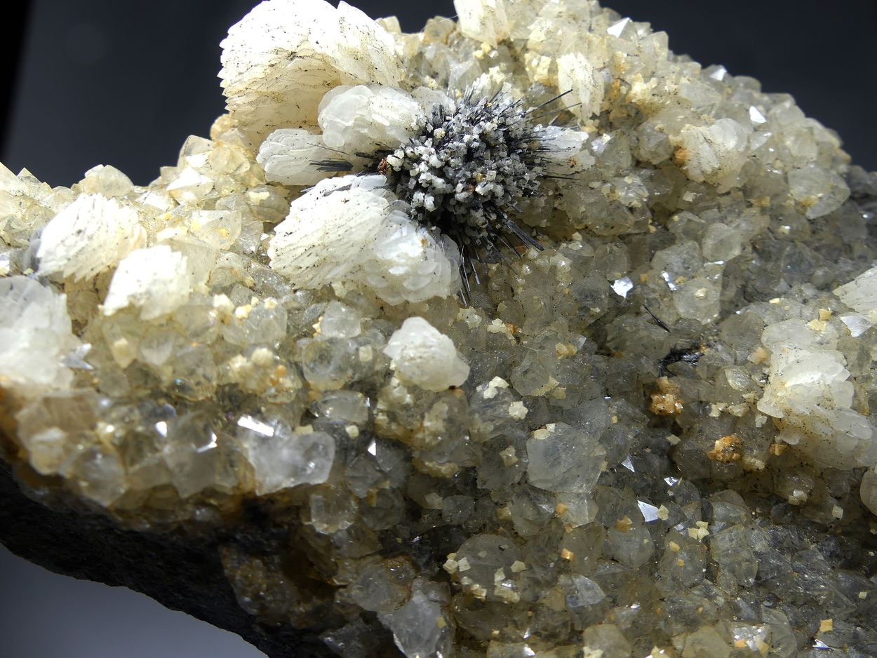 Stibnite With Dolomite & Calcite On Quartz