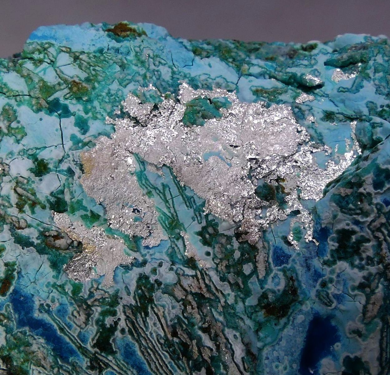 Native Silver On Chrysocolla With Fluorite