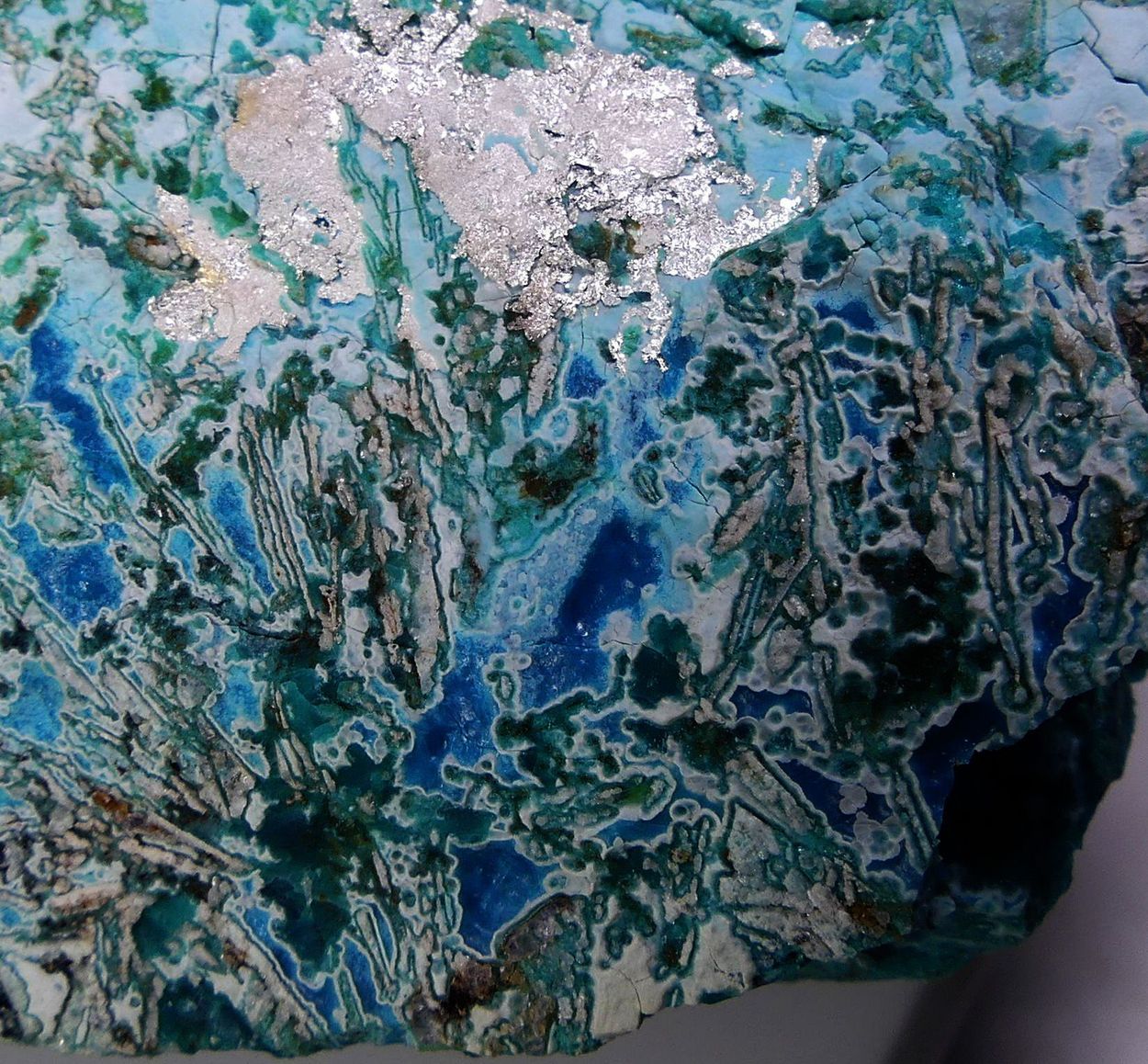 Native Silver On Chrysocolla With Fluorite