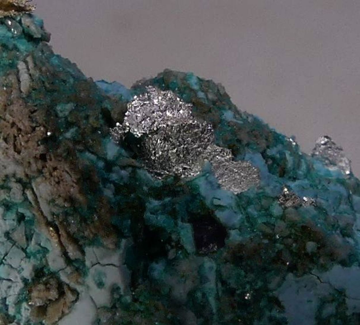 Native Silver On Chrysocolla With Fluorite