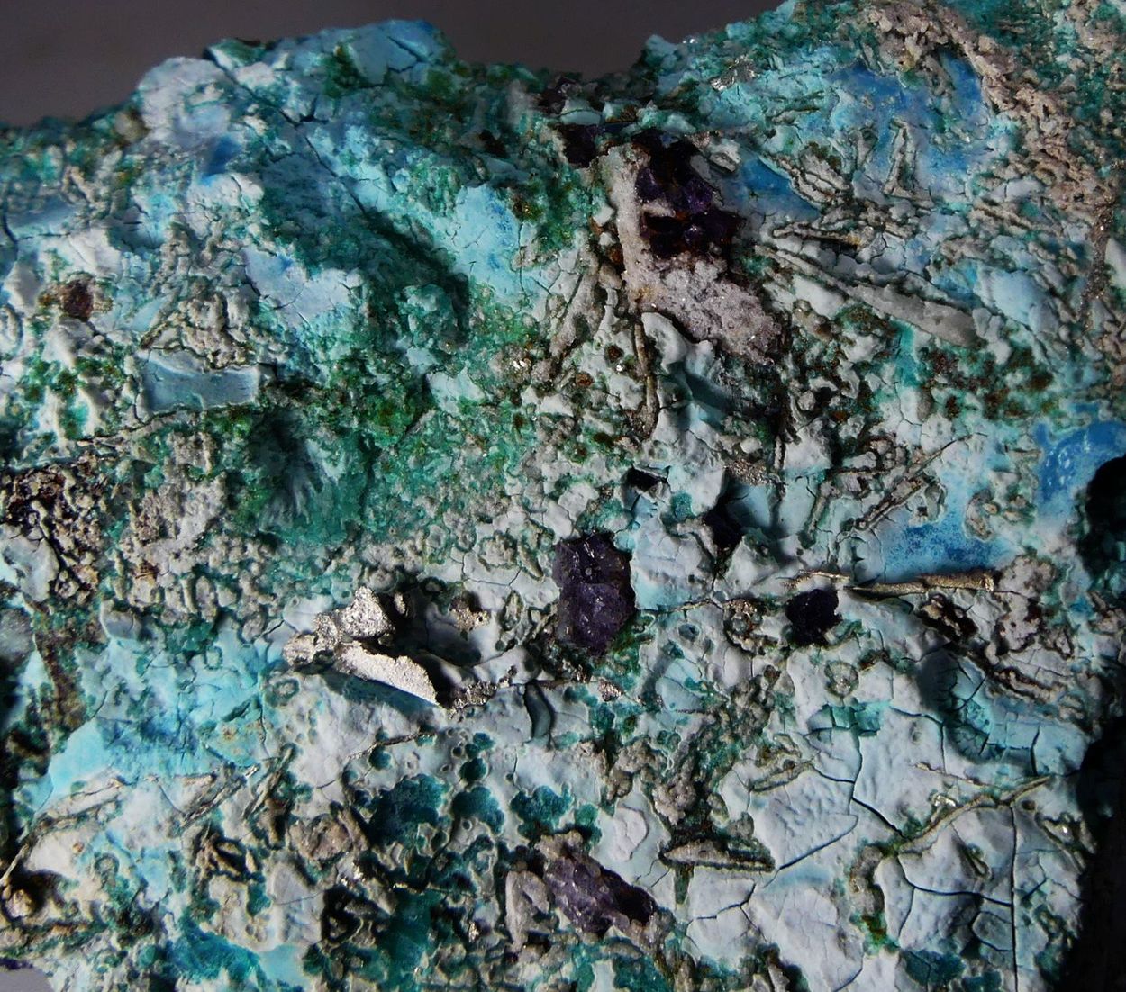 Native Silver On Chrysocolla With Fluorite