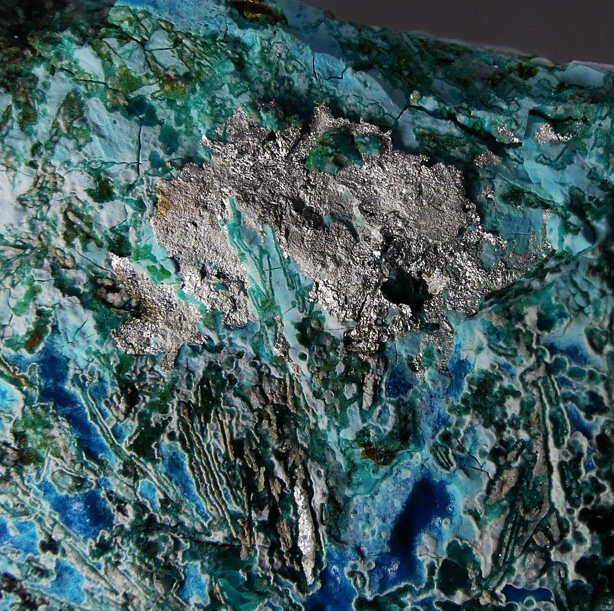 Native Silver On Chrysocolla With Fluorite