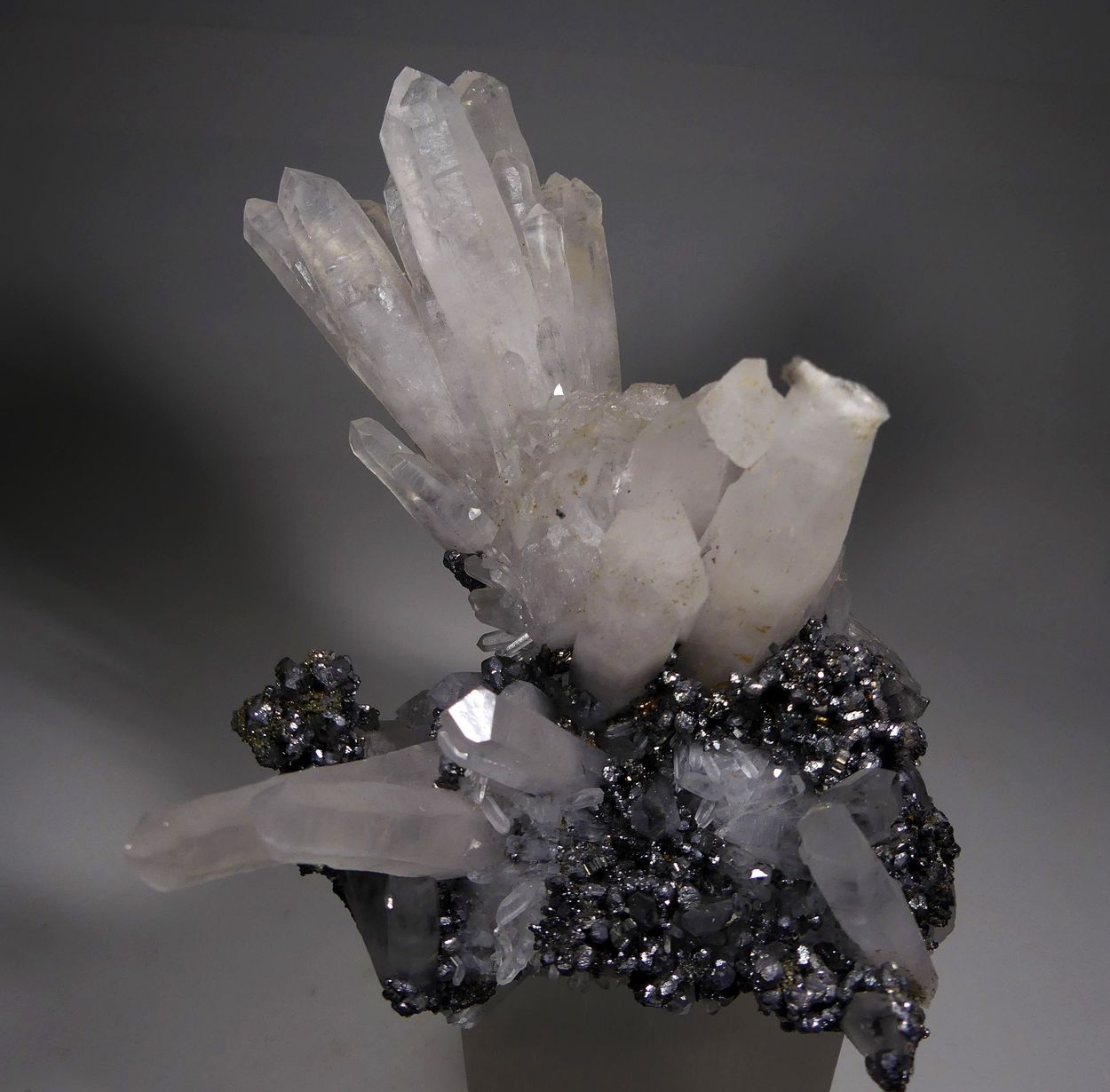 Bournonite Galena & Pyrite On Rock Crystal