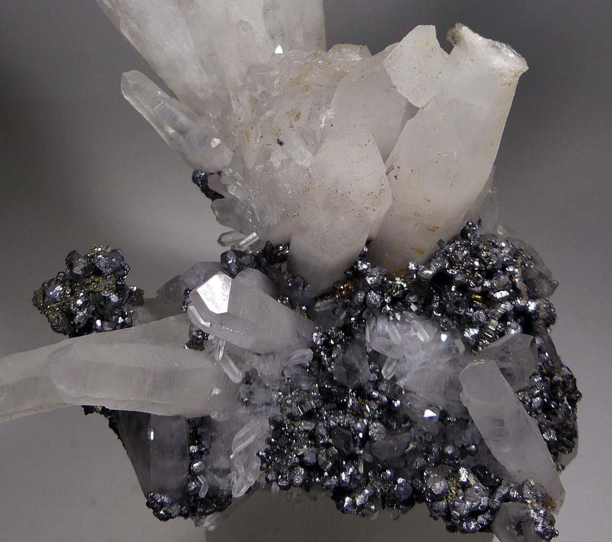 Bournonite Galena & Pyrite On Rock Crystal