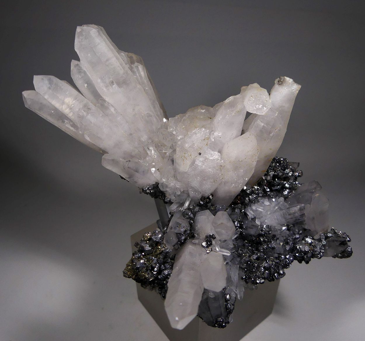 Bournonite Galena & Pyrite On Rock Crystal