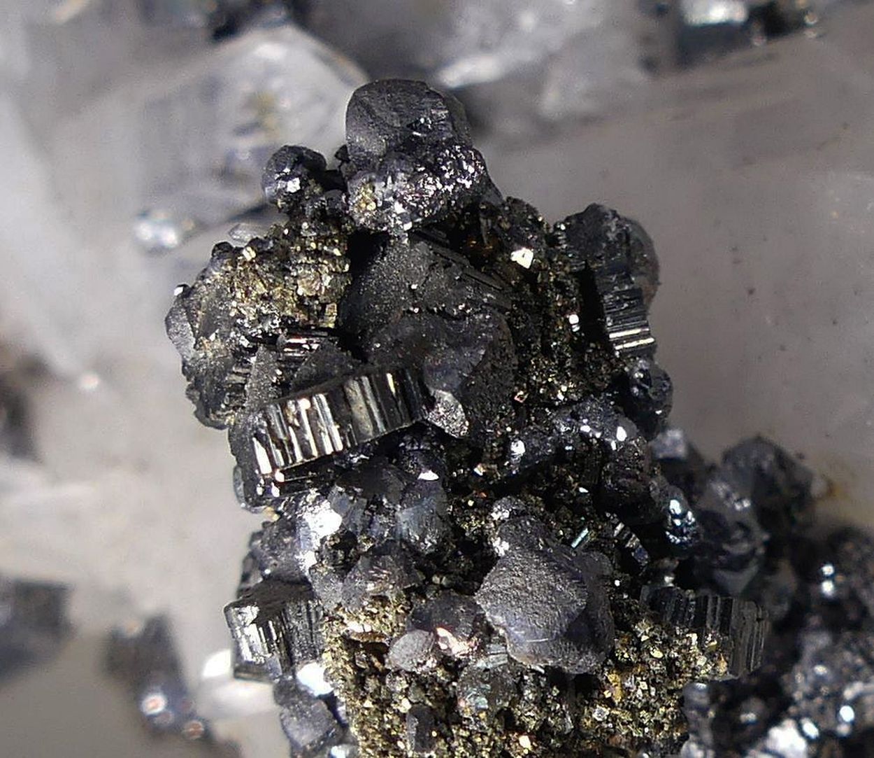 Bournonite Galena & Pyrite On Rock Crystal