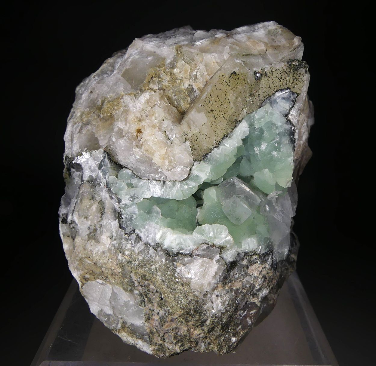 Fluorapophyllite-(K) On Prehnite