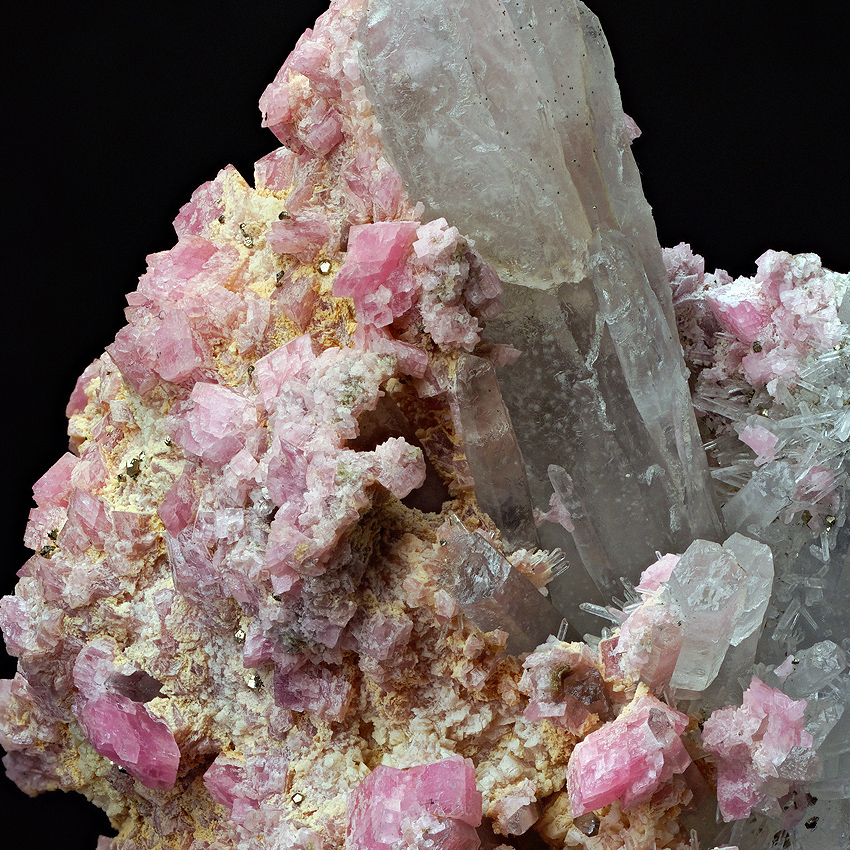 Rhodochrosite Pyrite On Rock Crystal