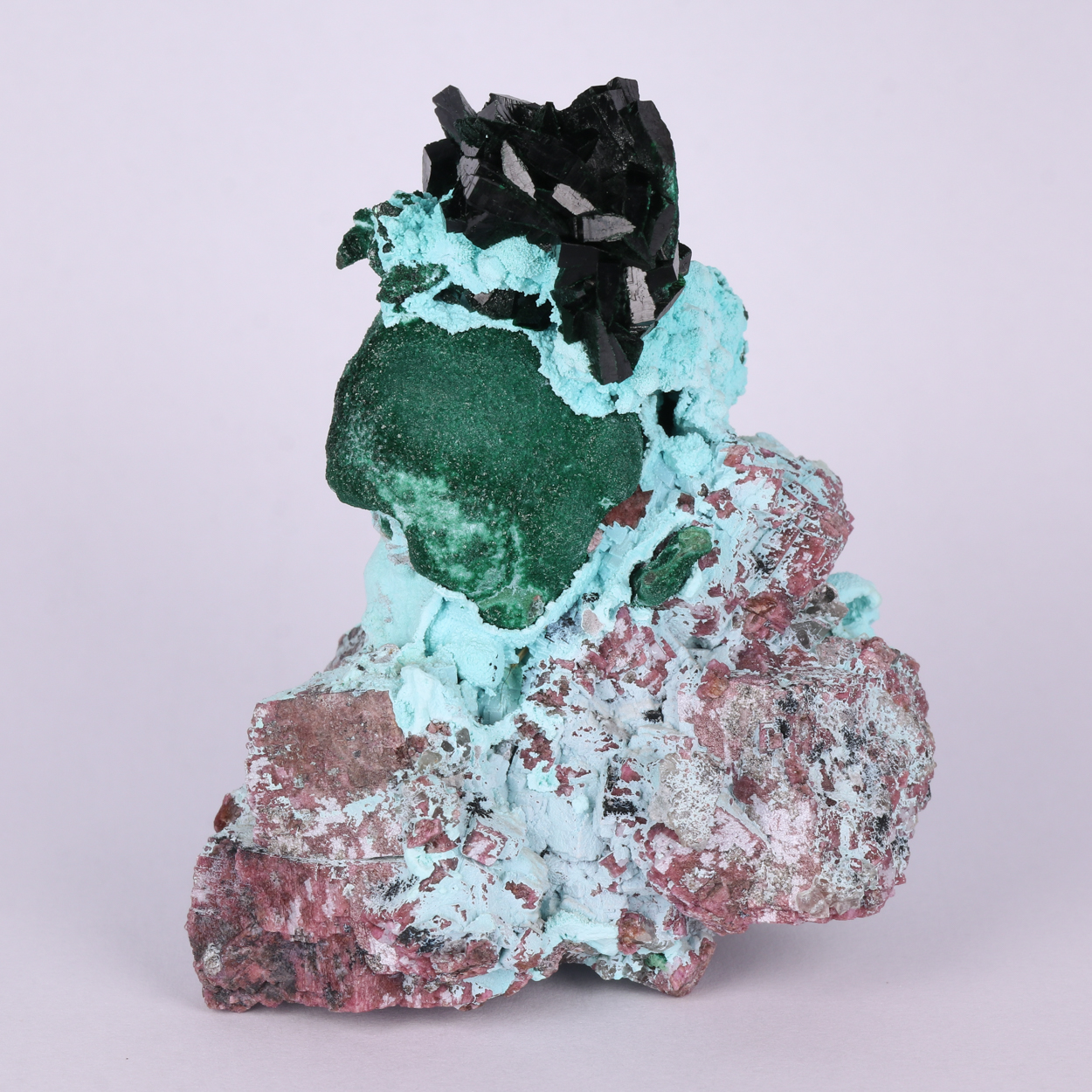 Chrysocolla On Malachite & Cobaltoan Calcite