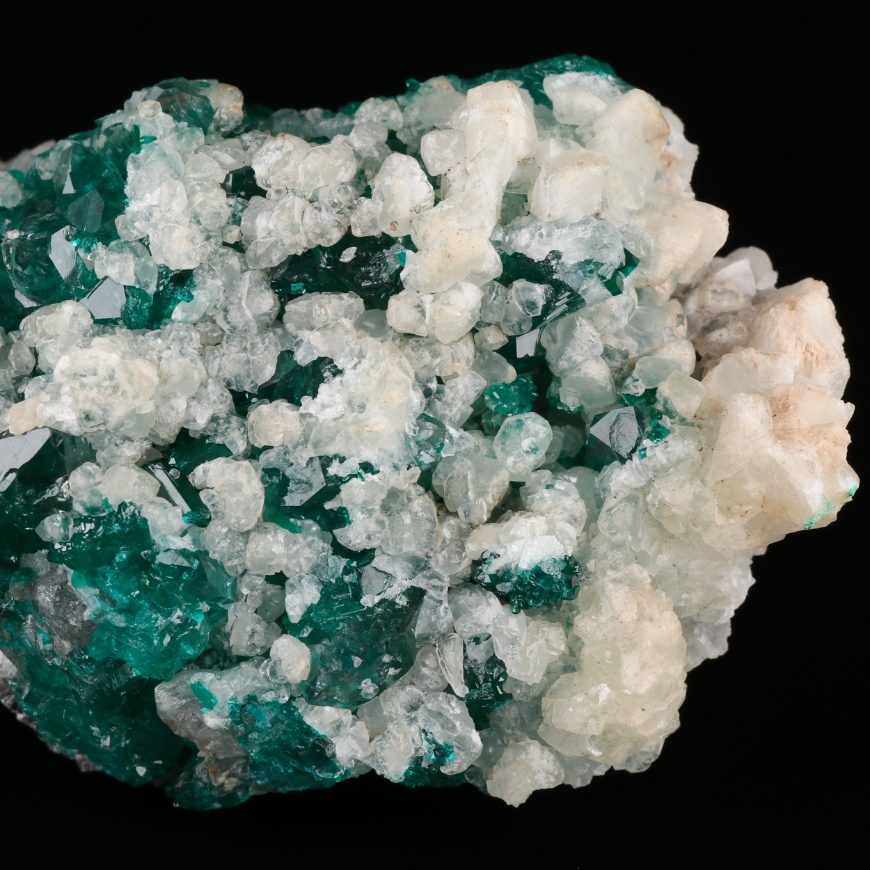 Calcite On Dioptase In Quartz
