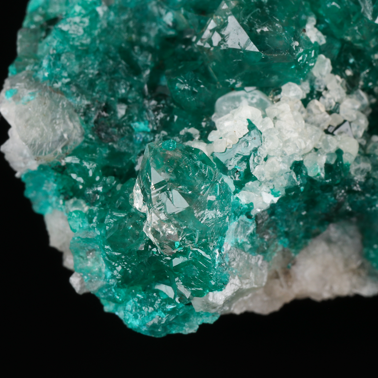 Calcite On Dioptase In Quartz