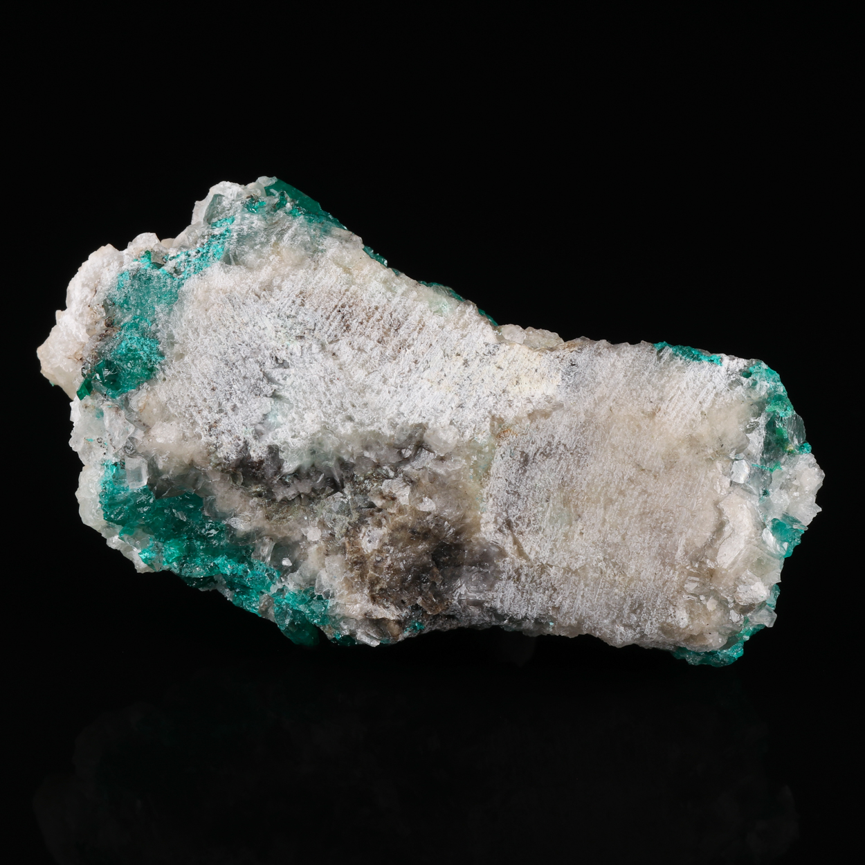 Calcite On Dioptase In Quartz