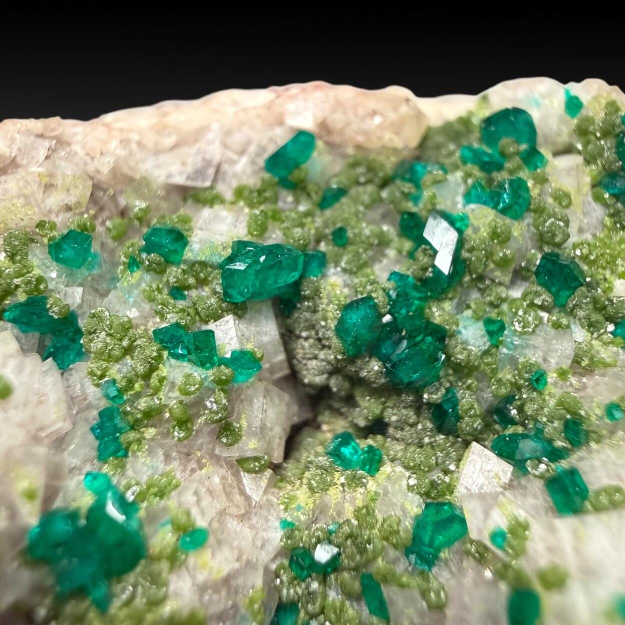 Dioptase With Duftite On Calcite