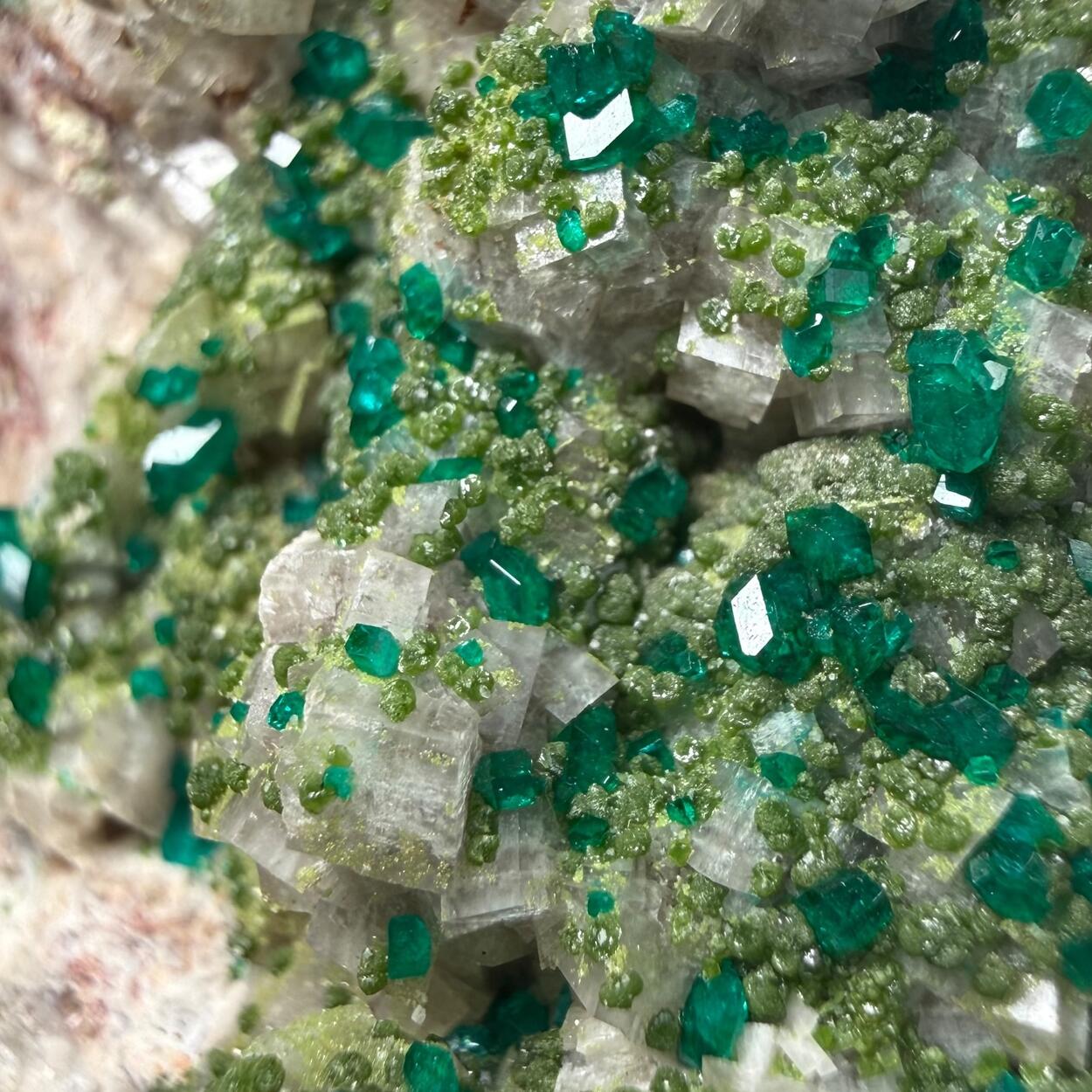 Dioptase With Duftite On Calcite
