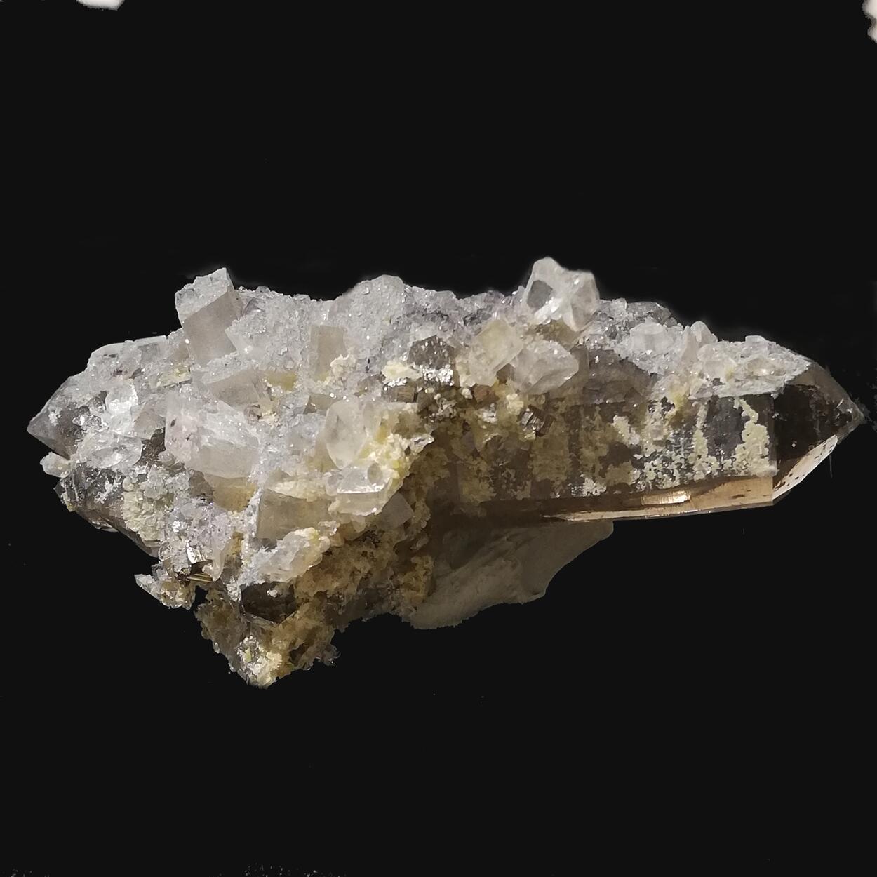 Bertrandite & Fluorite On Smoky Quartz