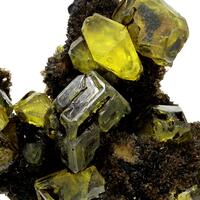 Native Sulphur On Aragonite With Bitumen